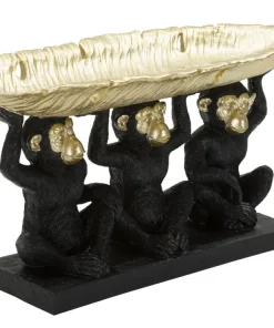 Décor Singe Tris Polyrésine Noir et Feuille de Palmier Dorée