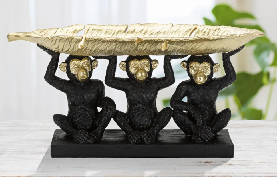 Décor Singe Tris Polyrésine Noir et Feuille de Palmier Dorée