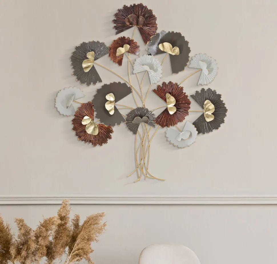 Décoration murale 3D en fer branches avec feuilles multicolores