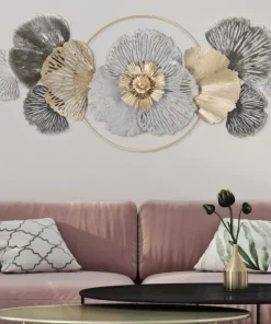 Décoration murale 3D en métal feuilles et fleurs or / argent