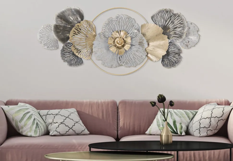 Décoration murale 3D en métal feuilles et fleurs or / argent