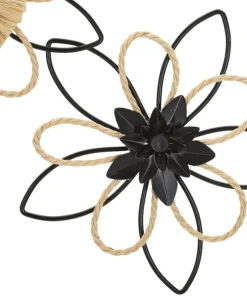Décoration murale 3D fleurs métal Noir et Raphia Naturel