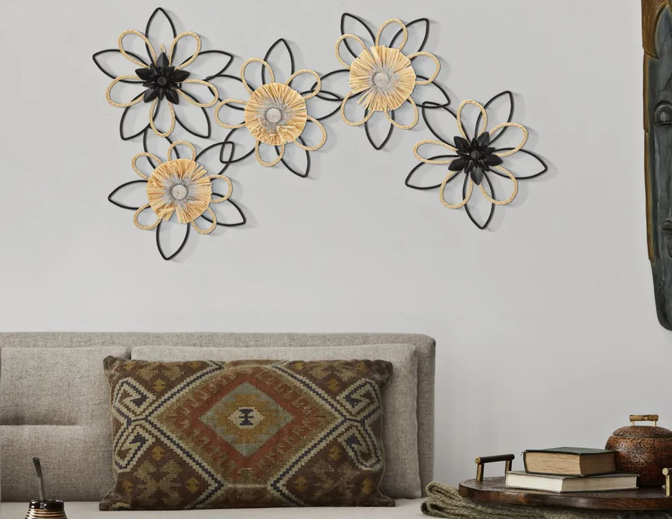 Décoration murale 3D fleurs métal Noir et Raphia Naturel