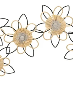 Décoration murale 3D fleurs métal Noir et Raphia Naturel