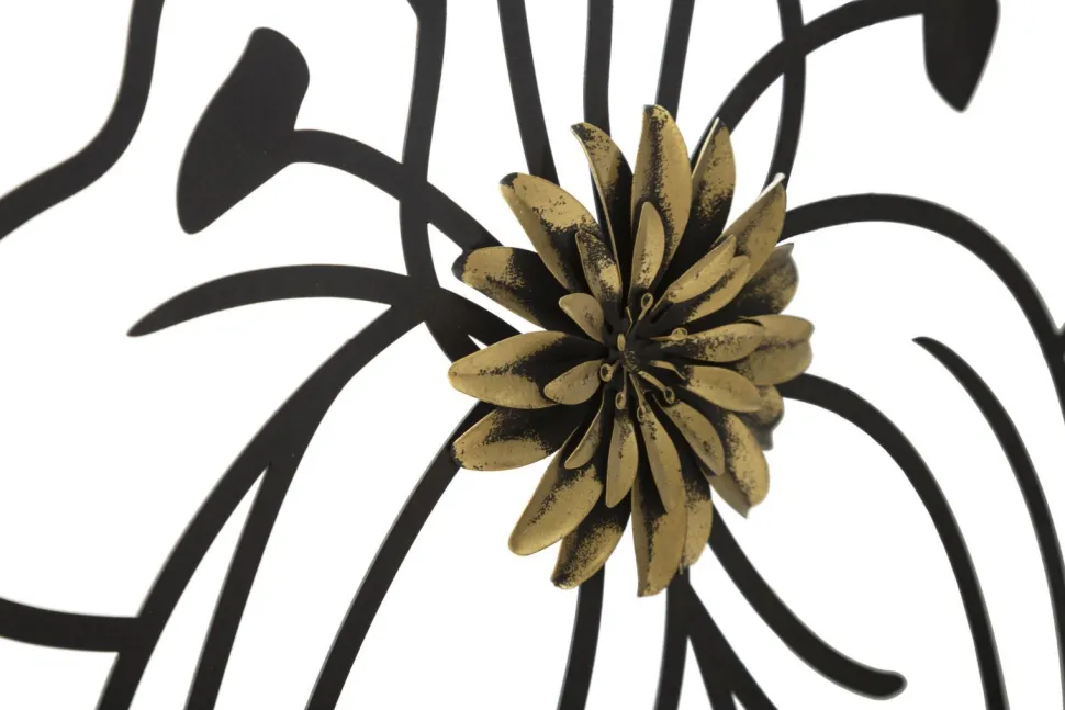 Décoration murale 3D fleurs cadre circulaire Fer Noir finitions dorées
