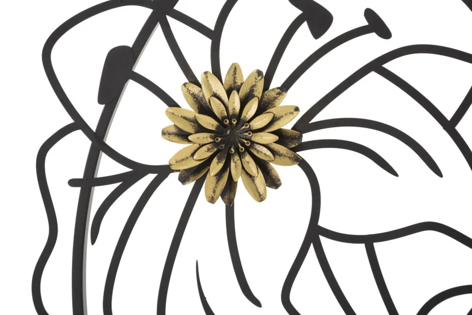 Décoration murale 3D fleurs cadre circulaire Fer Noir finitions dorées