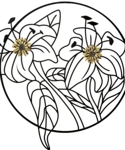 Décoration murale 3D fleurs cadre circulaire Fer Noir finitions dorées