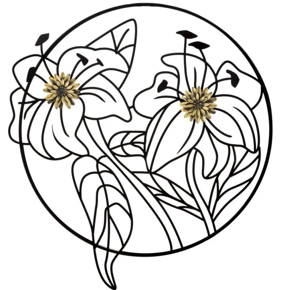 Décoration murale 3D fleurs cadre circulaire Fer Noir finitions dorées
