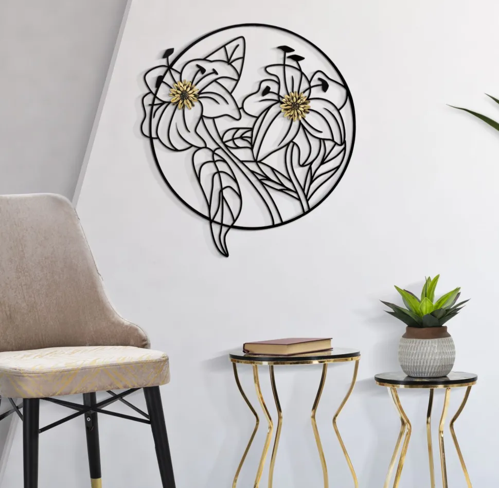 Décoration murale 3D fleurs cadre circulaire Fer Noir finitions dorées