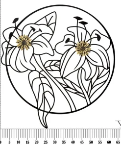 Décoration murale 3D fleurs cadre circulaire Fer Noir finitions dorées