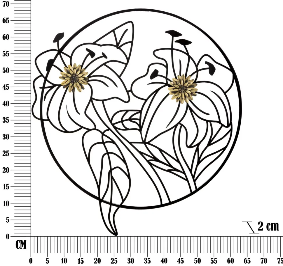 Décoration murale 3D fleurs cadre circulaire Fer Noir finitions dorées