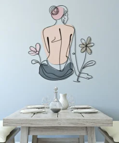 Décoration murale 3D métal Noir silhouette Femme assise fleurs colorées