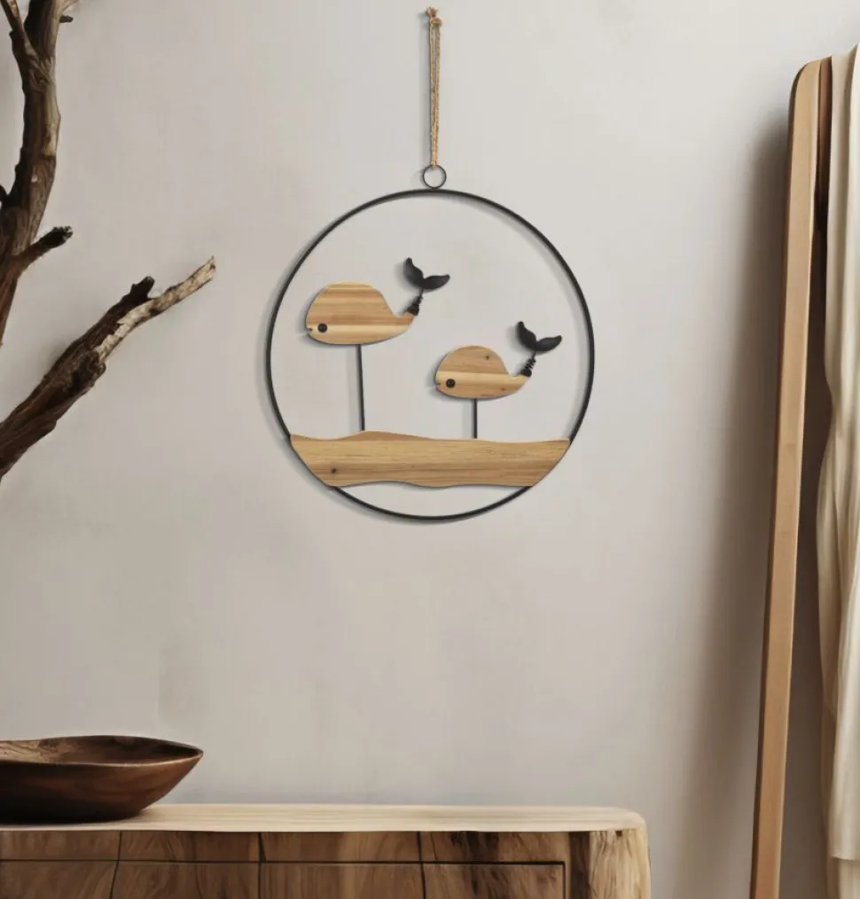 Décoration murale 3D ronde Baleines métal et bois massif