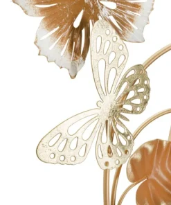 Décoration murale 3D ronde en métal doré avec fleurs et papillons multicolores