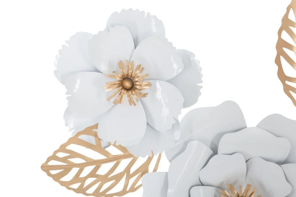Décoration murale métal 3D fleurs et feuilles Blanc Or