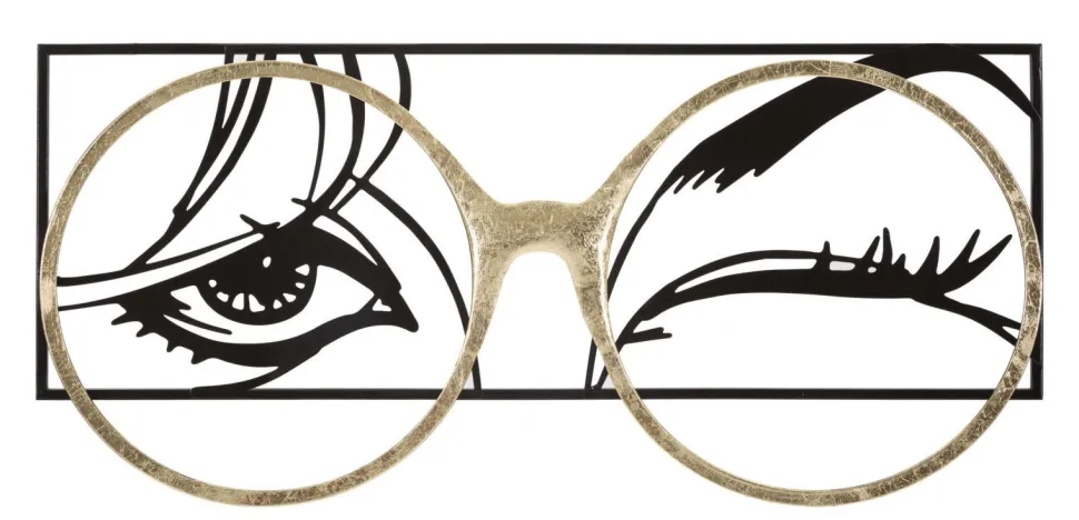 Décoration murale métal noir visage lunettes métal doré