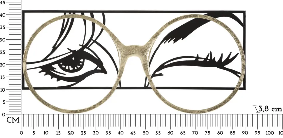 Décoration murale métal noir visage lunettes métal doré