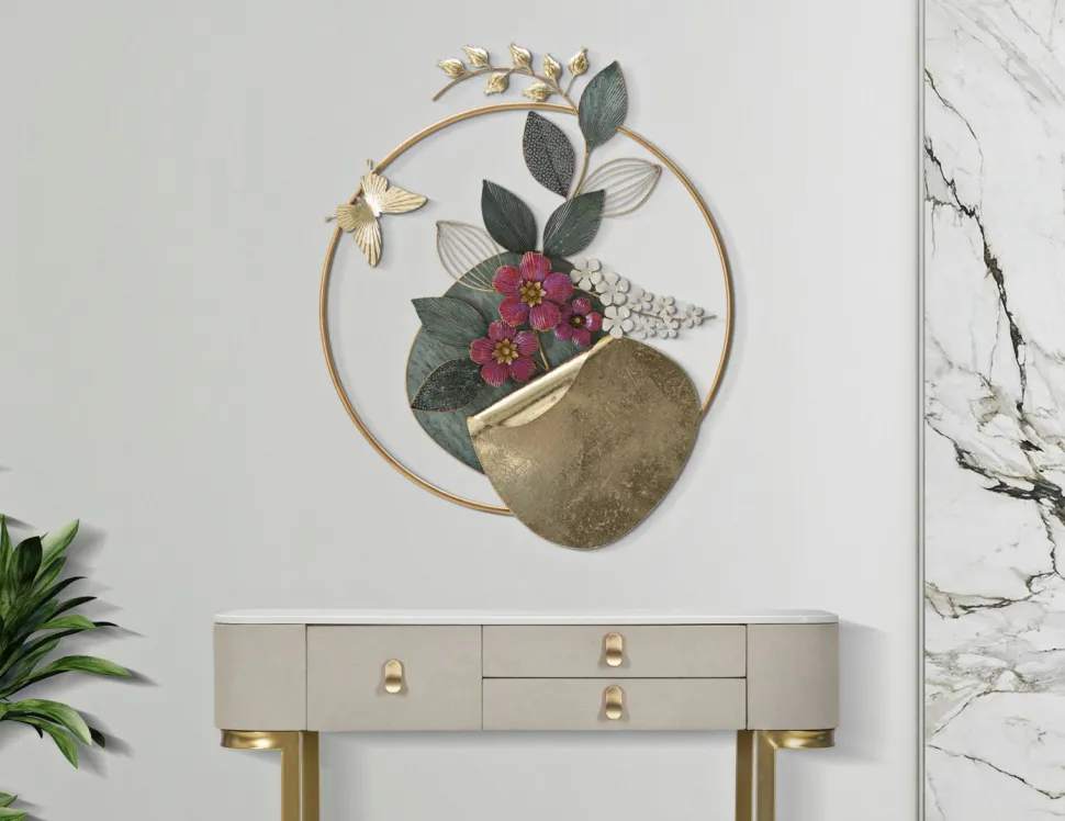 Décoration murale ronde en métal 3D fleurs multicolores
