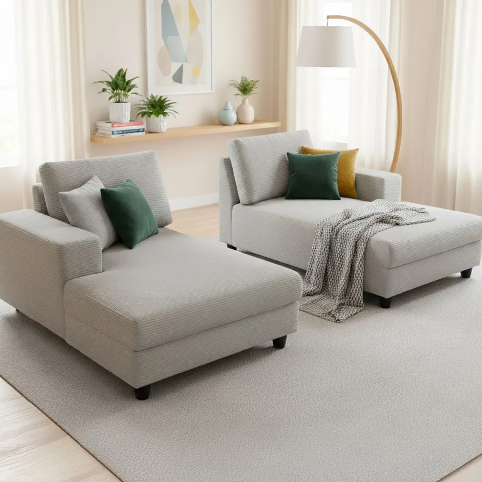 Duo de méridiennes Fabien combinables en canapé profond Velours côtelé Gris clair