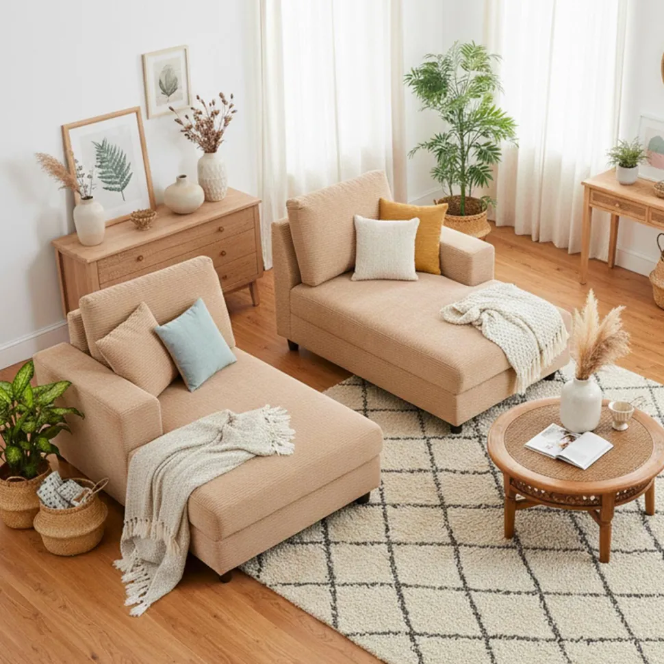 Duo de méridiennes Fabien combinables en canapé profond Velours côtelé Beige
