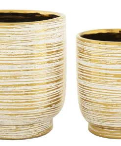 Ensemble de 2 vases Céramique décorations en relief Blanc et Or