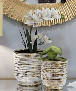 Ensemble de 2 vases Céramique décorations en relief Blanc et Or