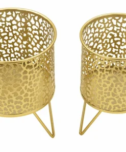 Ensemble de 2 vases porte-épingle métal doré décoré de sculptures irrégulières