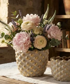 Ensemble de cache-pots géométriques Pépitas en céramique beige et doré