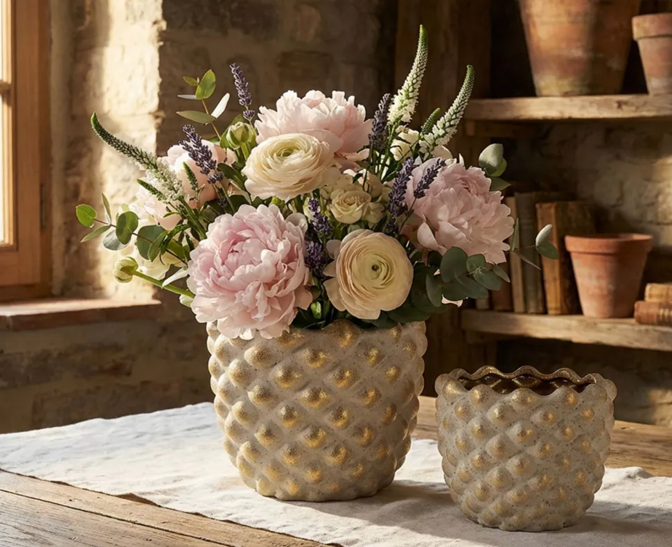 Ensemble de cache-pots géométriques Pépitas en céramique beige et doré