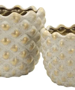 Ensemble de cache-pots géométriques Pépitas en céramique beige et doré