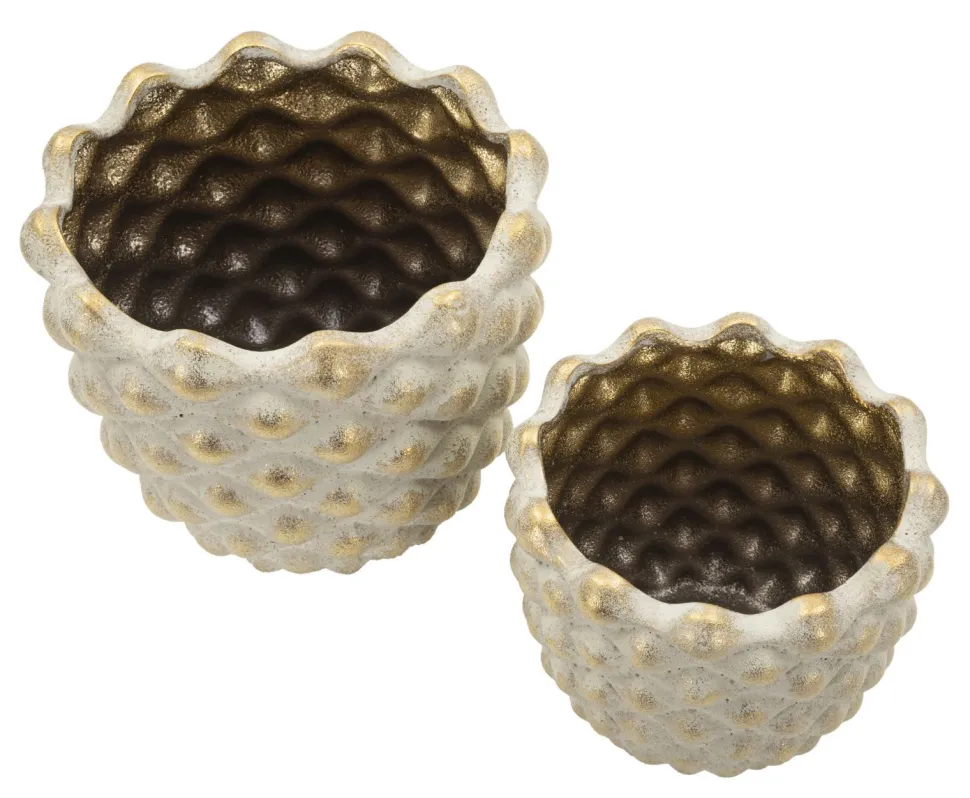 Ensemble de cache-pots géométriques Pépitas en céramique beige et doré