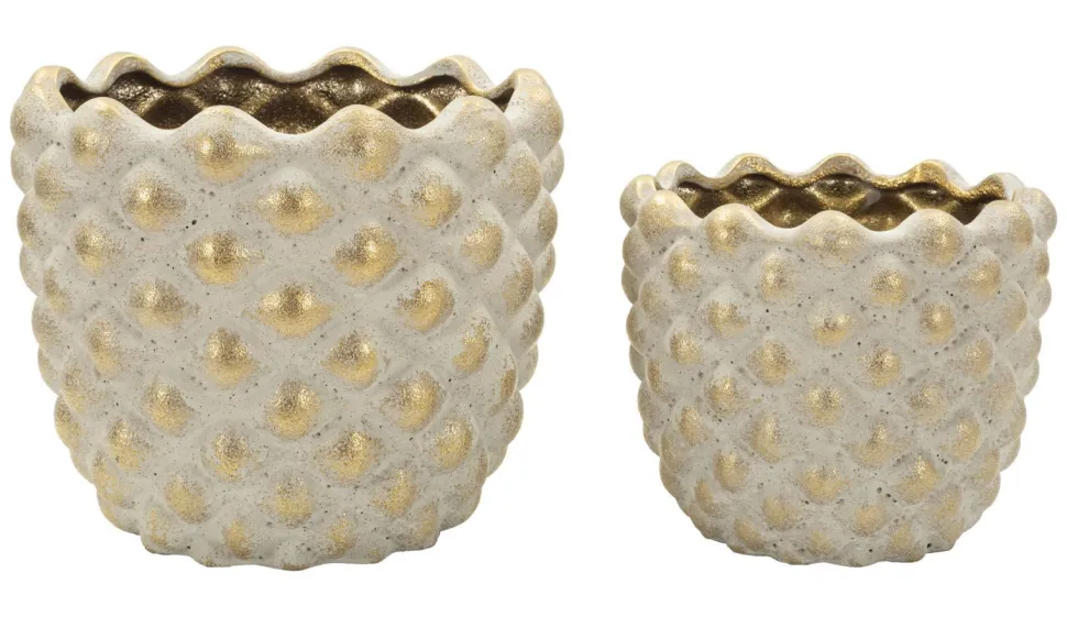 Ensemble de cache-pots géométriques Pépitas en céramique beige et doré