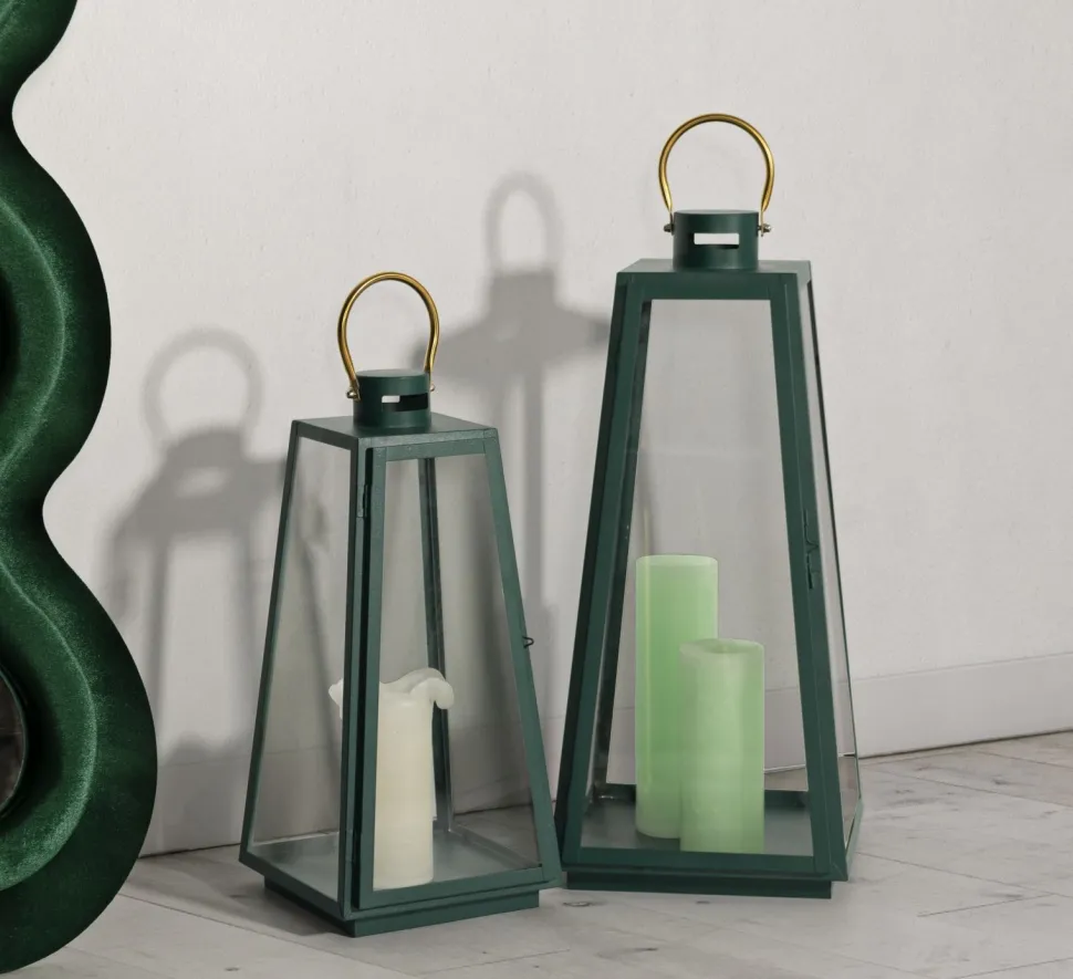 Ensemble de lanternes vertes Poignée dorée Fer et verre