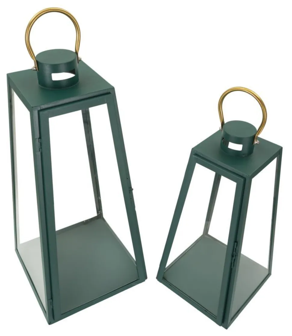 Ensemble de lanternes vertes Poignée dorée Fer et verre