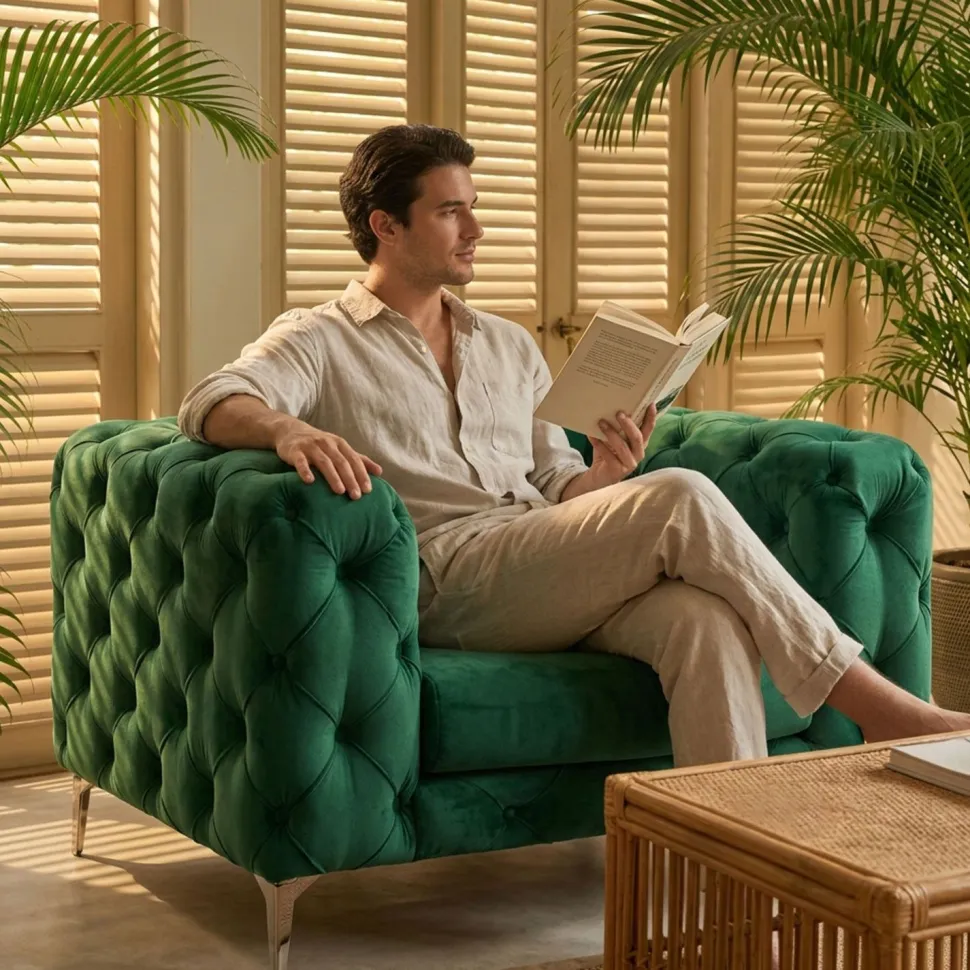 Fauteuil capitonné avec coussin Alykes Velours Vert