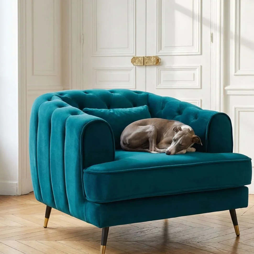 Fauteuil capitonné style boudoir Glams Velours Bleu canard