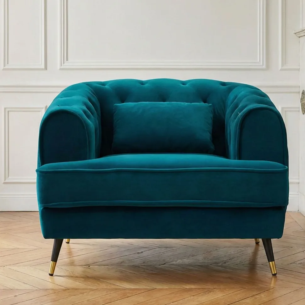 Fauteuil capitonné style boudoir Glams Velours Bleu canard