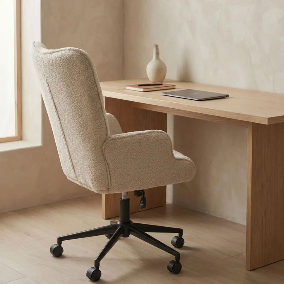 Fauteuil de bureau moderne à haut dossier Florelo Tissu bouclette Beige