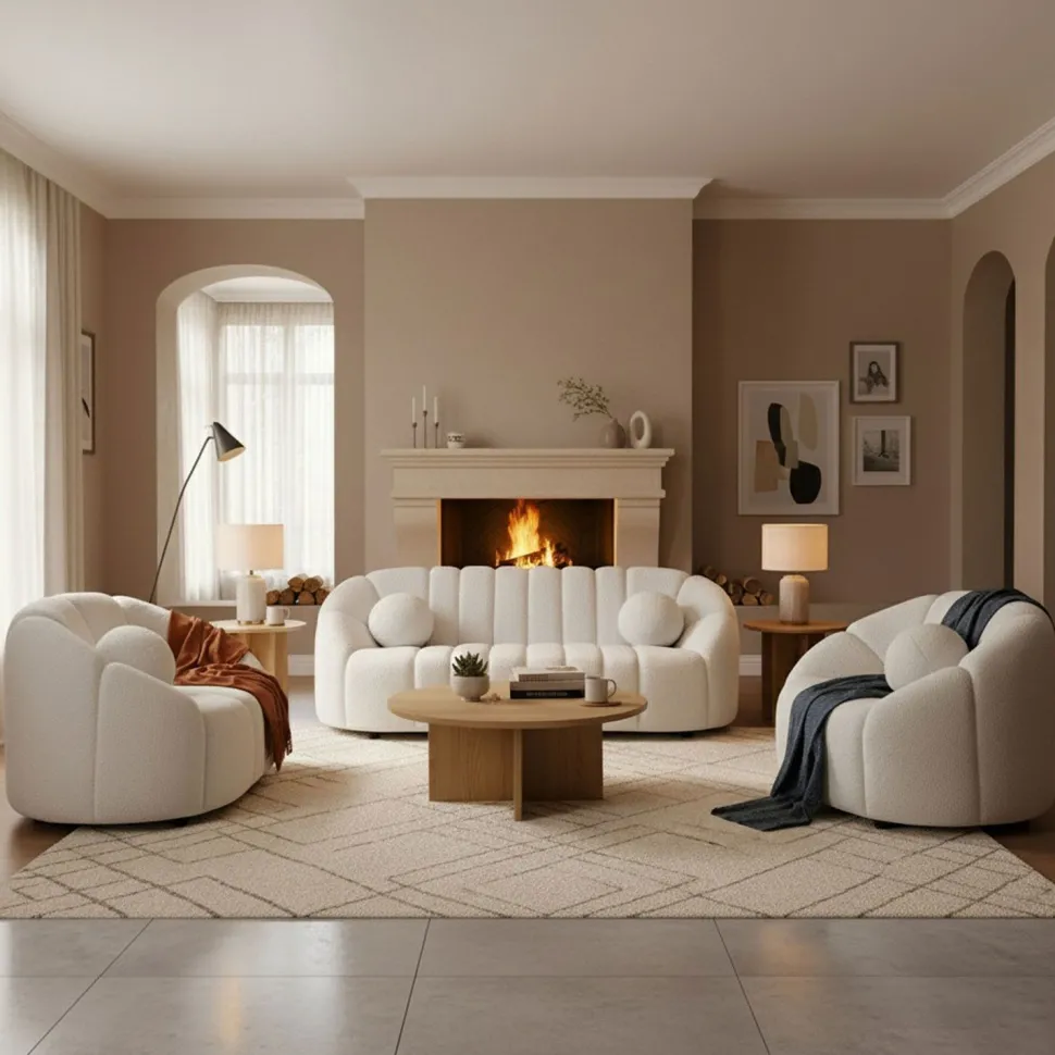Fauteuil design arrondi Sidonie Tissu bouclette Blanc