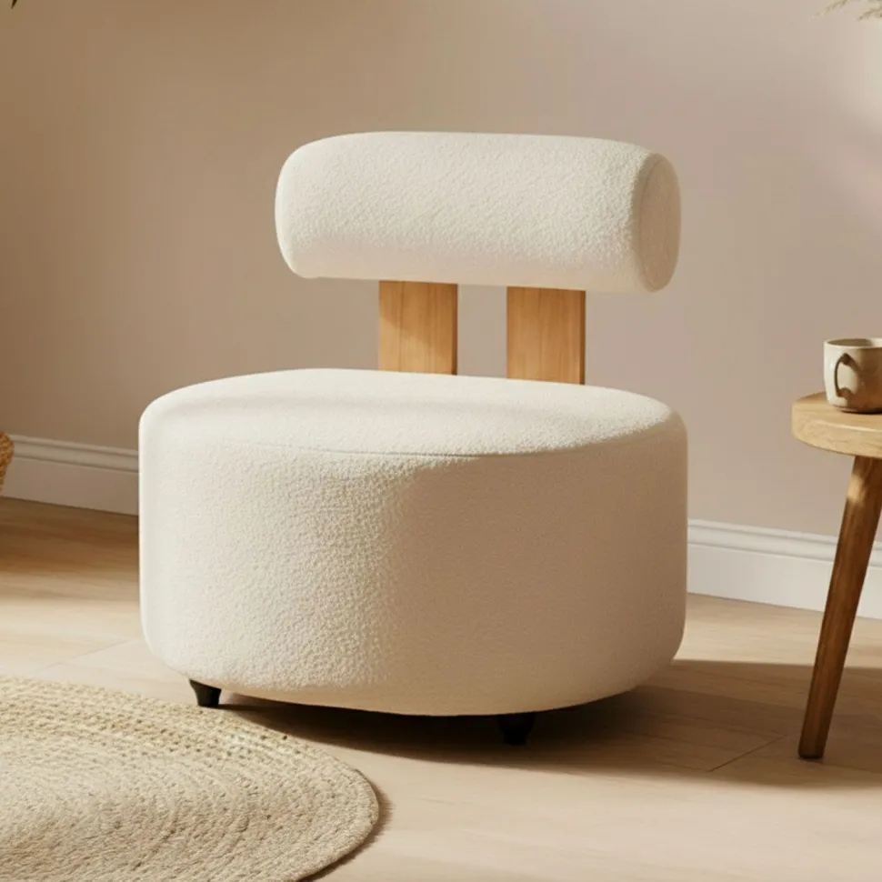 Fauteuil design Canelo Bois clair et Tissu bouclette Crème