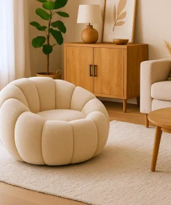 Fauteuil design coquillage Horizan Tissu bouclette Crème