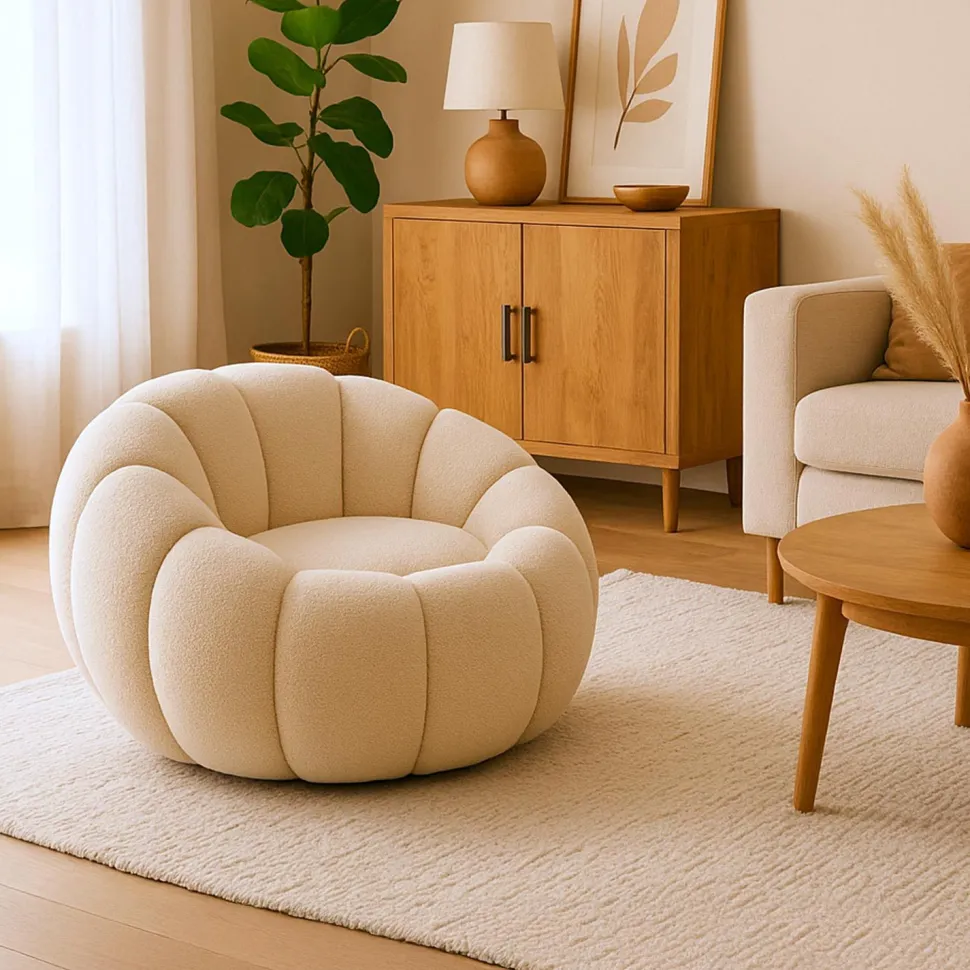 Fauteuil design coquillage Horizan Tissu bouclette Crème