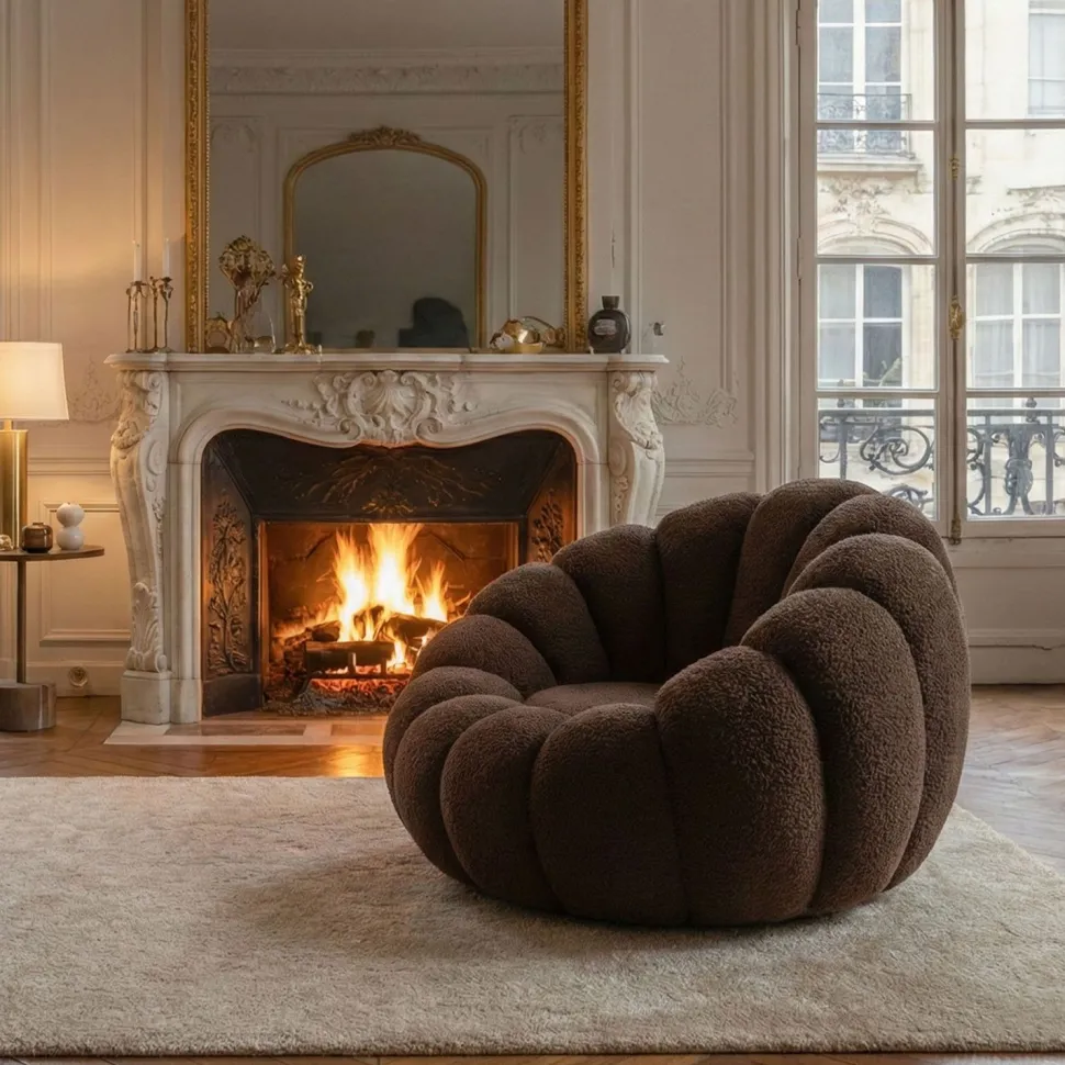 Fauteuil design coquillage Arielina Tissu bouclette Marron