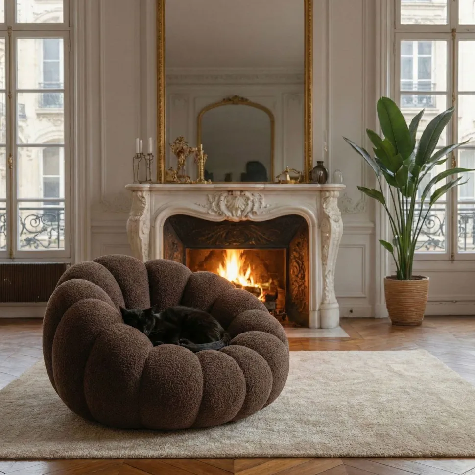 Fauteuil design coquillage Arielina Tissu bouclette Marron