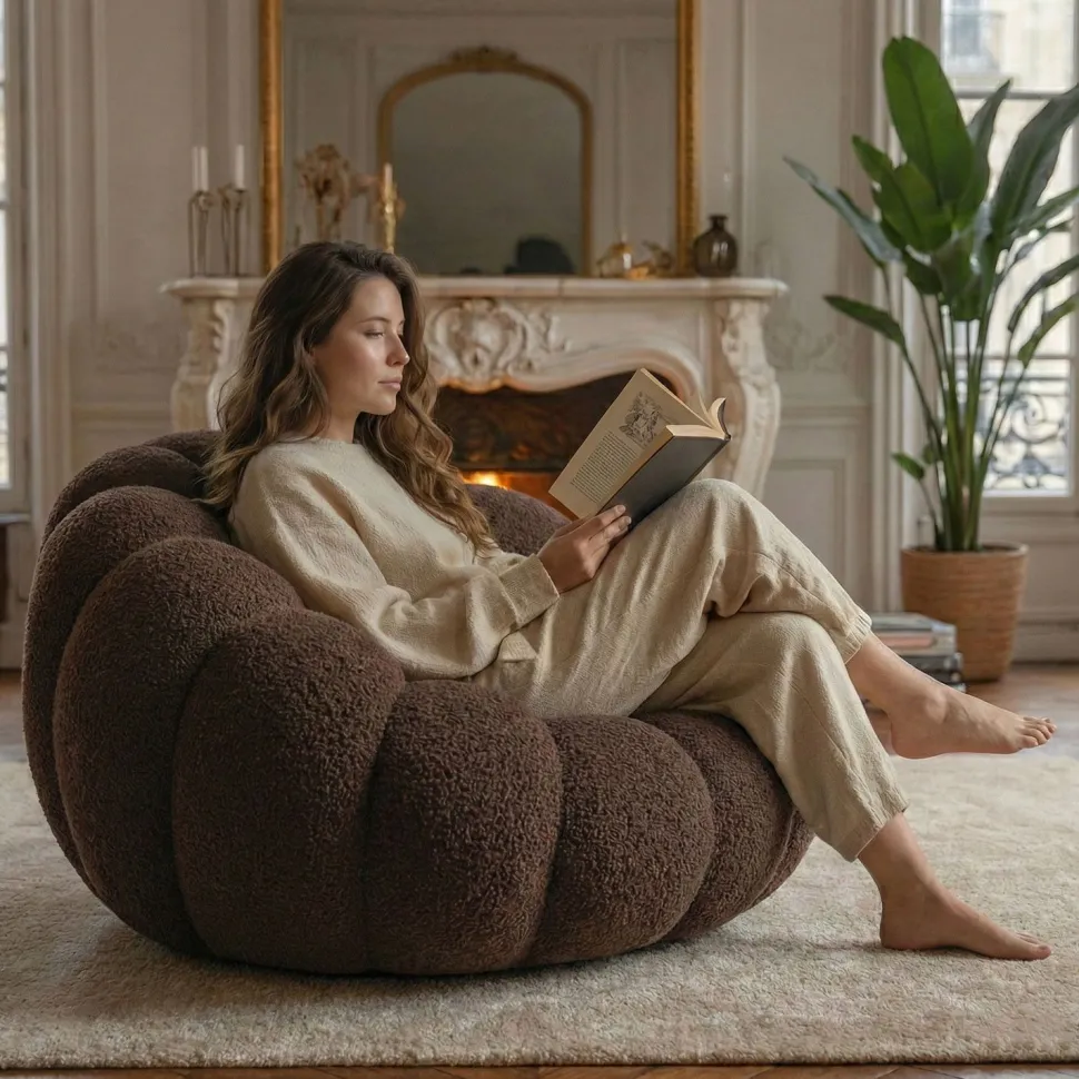 Fauteuil design coquillage Arielina Tissu bouclette Marron
