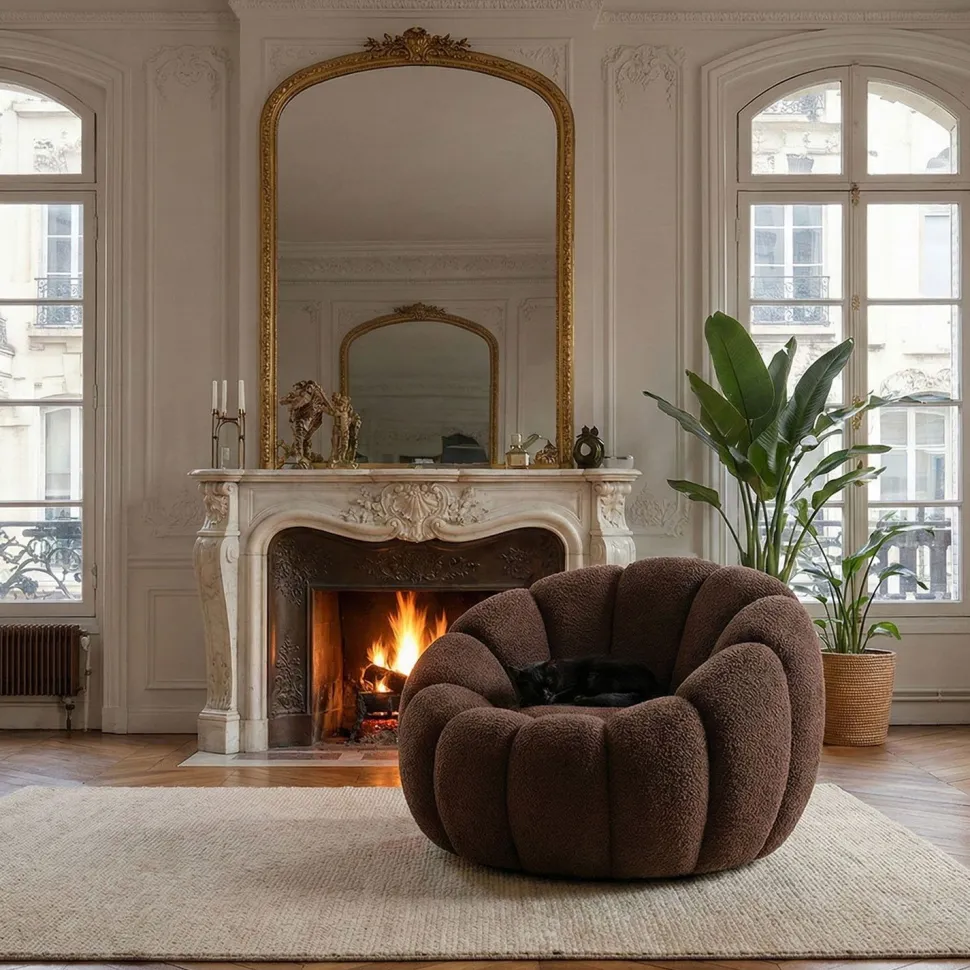 Fauteuil design coquillage Arielina Tissu bouclette Marron