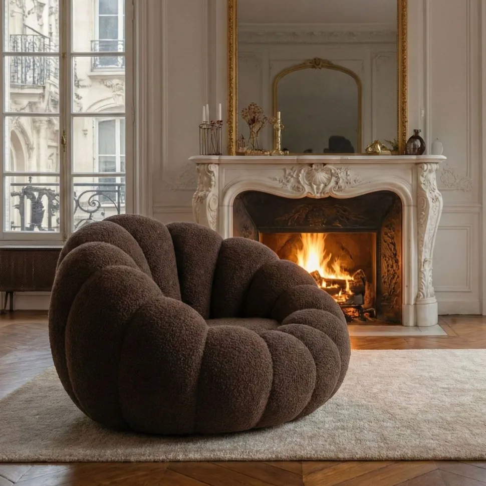 Fauteuil design coquillage Arielina Tissu bouclette Marron