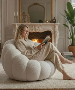 Fauteuil design coquillage Arielina Tissu bouclette Blanc