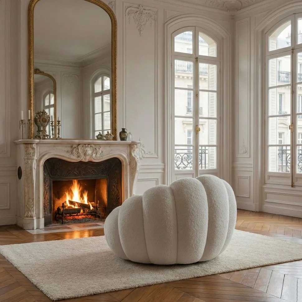 Fauteuil design coquillage Arielina Tissu bouclette Blanc