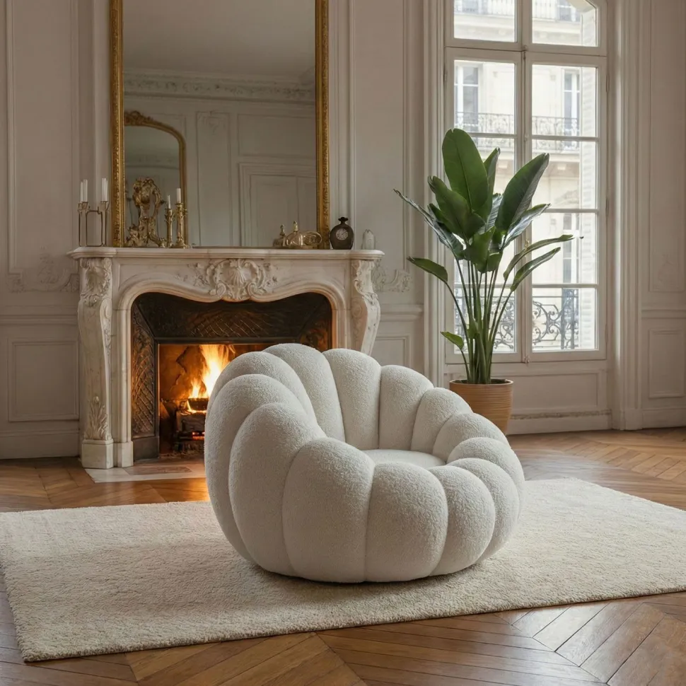 Fauteuil design coquillage Arielina Tissu bouclette Blanc